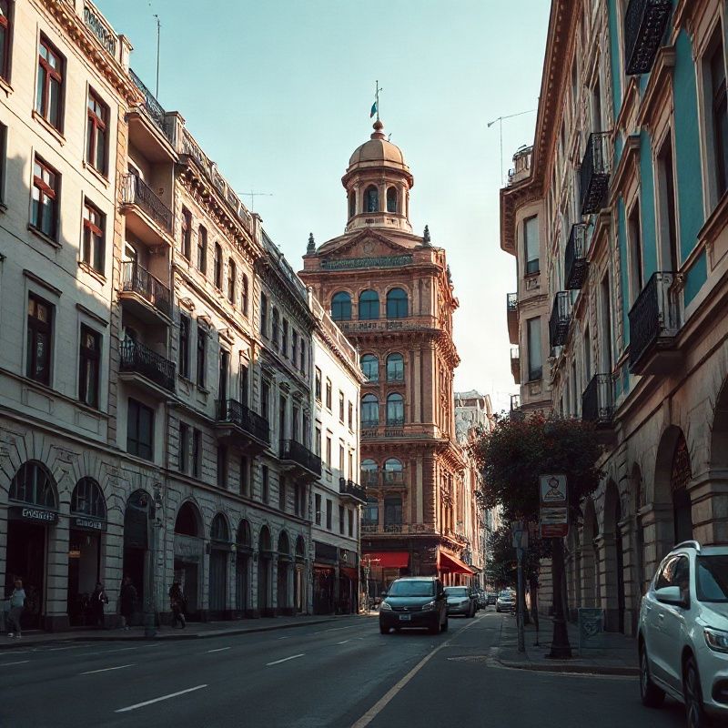 Vista amplia de una calle de Rivera con arquitectura de estilo europeo