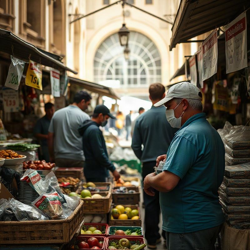 Trabajadores en un puesto de mercado uruguayo con etiquetas de precios visibles