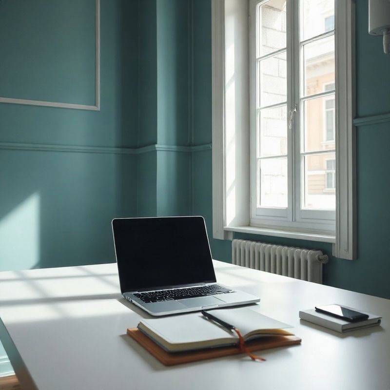 Espacio de trabajo editorial con laptop y cuaderno sobre escritorio ordenado