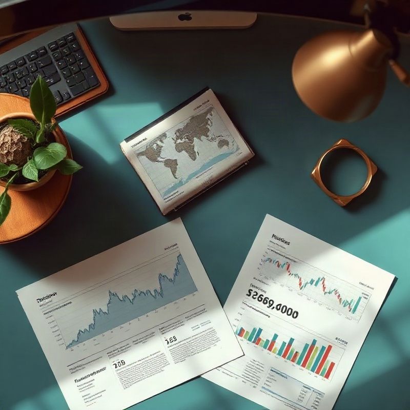 Páginas de prensa económica y gráficos de datos sobre un escritorio editorial